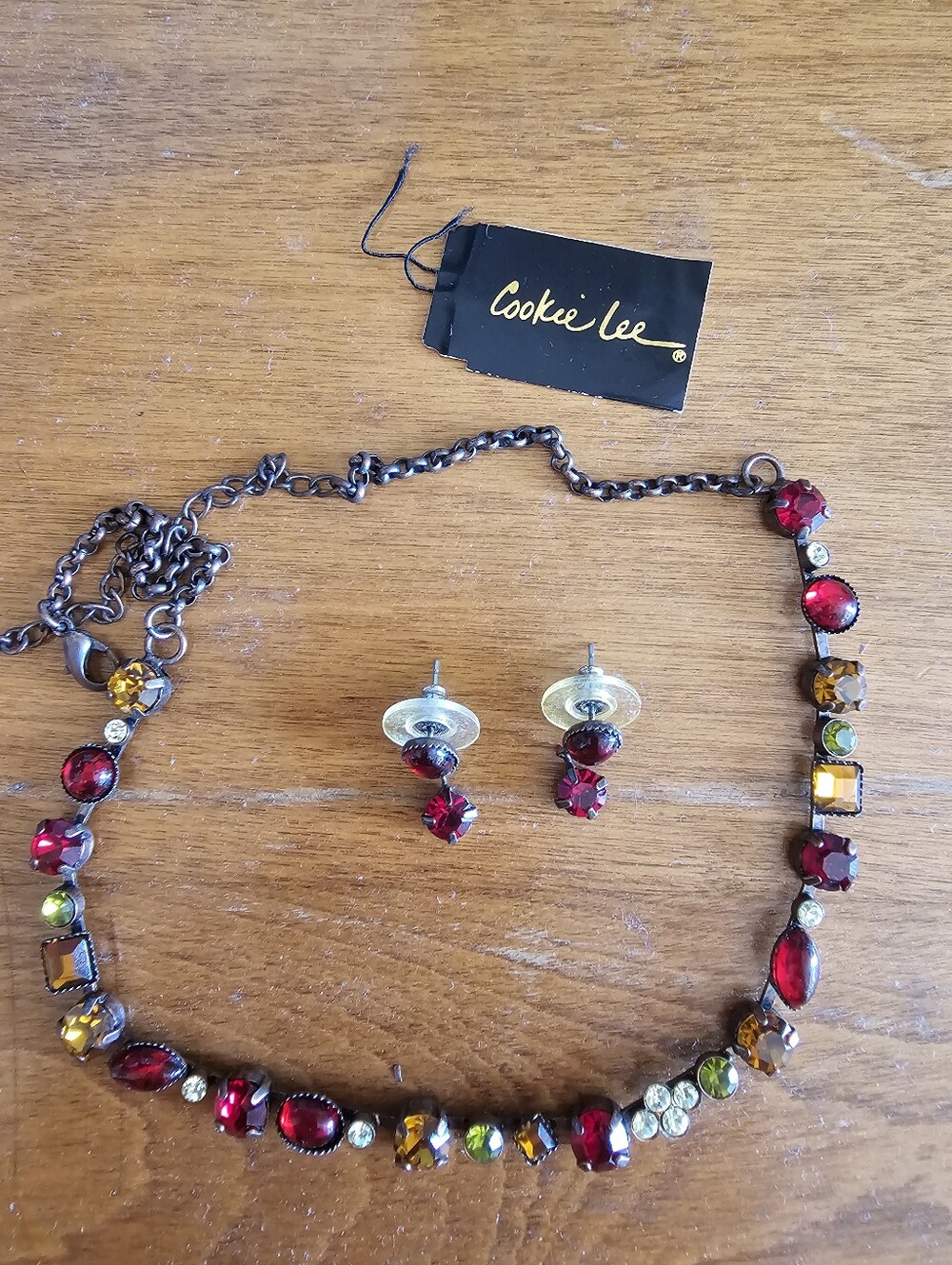 Cookie Lee Pink, Amber & Lime Crystal Necklace and Matching Earrings